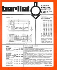 BERLIET /  GBK 75 / CAMION PORTEUR TRACTEUR / FICHE TECHNIQUE  de 1966