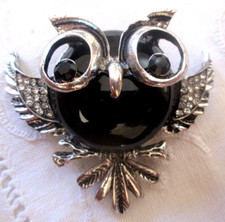 Broche Argentée Chouette Hibou Email cabochon perle noir bijou porte bonheur 492