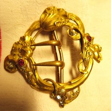 BOUCLE de CEINTURE BRONZE ART NOUVEAU ancienne PAVOTS & RINCEAUX STRASS