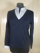 Chemisier blanc rayé et pull bleu assemblé 2 en 1 viscose ANTONELLE T.3 38/40