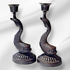Vintage Spelter Metal Koi Fish Candle Holders Pair, Art Deco Style, Ornate Fish