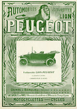 "VOITURETTE PEUGEOT" Annonce originale entoilée LA VIE AUTOMOBILE 1912   25x34cm