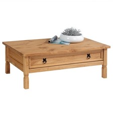 Table basse de salon rectangulaire style mexicain avec 1 grand tiroir pin massif