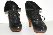 GUESS  Boots Fourrées à Talons Cuir Clouté Noir Lacets T 39 TBE 