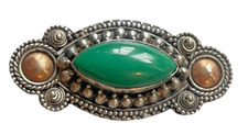 Broche Ancienne navette en Argent 925 sertie de malachite entourée de laiton