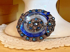 Broche ancienne cristal tchèque bleu Art Déco filigrane