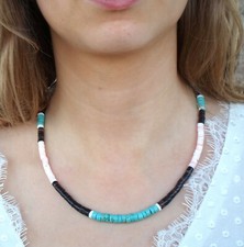 Collier amérindien homme femme turquoises rondelles nacre argent Surfeur Heishi
