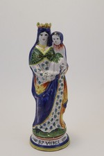 Vierge à l’enfant céramique polychrome type faïence de Quimper Bretagne H 32 cm