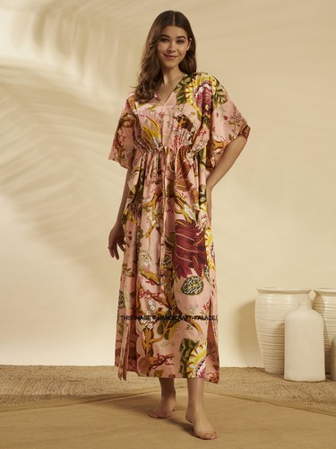 Peach kaftan floral coton - peach, en