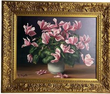 HUILE SUR TOILE NATURE MORTE DE FLEURS -CYCLAMENS - CADRE DORÉ -XXE