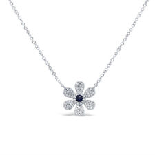 14K or Blanc Diamant Saphir Bleu Collier Pendentif Fleur Naturel 0.23 Cts