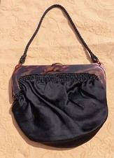 Pochette minaudière sac ancien  bourse tissus noir  fermoir bakélite vintage 50 