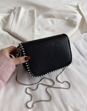 Sac À Main À Bandoulière Noir En Similicuir Femme Magnétique Perles Funky Frange