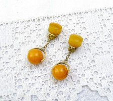 Vintage French Clip On Dangle Marbled Butterscotch Catalin Earrings with Chain