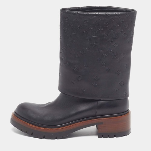 Bottes cuir noir monogramme - noir,