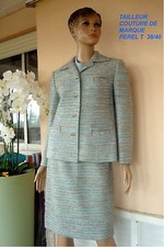 VINTAGE CHIC COUTURE TAILLEUR  PEREL VESTE + JUPE TWEED GRIS BLEU NEUVE T 36/38