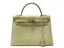 VINTAGE SAC A MAIN HERMES KELLY 32 SELLIER CUIR AUTRUCHE TILLEUL OSTRICH HANDBAG