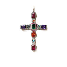 PENDENTIF CROIX ARGENT STERLING 925  PIERRE ORANGE VIOLET ZIRCONE SYMBILISME ✝️