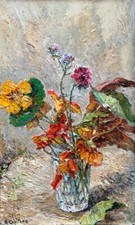 Vintage French Oil Painting, Bouquet of Flowers Glass Nasturtiums, Signed, 1971