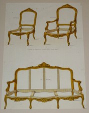 Litho XIXe siècle : Chaise, fauteuil et canapé Louis XIV (bois doré) -