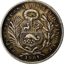 [#1115245] Peru, 1/5 Sol, 1901, Lima, Liberté assise, Srebro, EF(40-45), KM:107