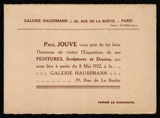 Invitation. Exposition Paul Jouve. Galerie Haussmann. 1922. Paris