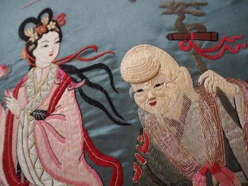 Pair large chinese silk - of,