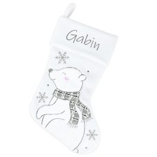 Chaussette / botte de Noël brodée blanche ours