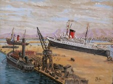 Tableau orientaliste paysage Algérie paquebot port Oran vue Alger orientalisme