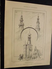 Gravure 1900:tour & clocher:  Pays-bas:  église à Bruges...hôpital à Zalt-Bommel