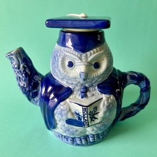 Théière vintage forme hibou chouette sage professeur Delft Hollande Delfts Blauw
