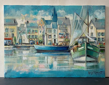 Tableau Peinture HST Marine Bateaux  Port de Pêche Breton - Vintage