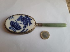 Ancien miroir face à main chinois jade et porcelaine bleue et blanche Asie Chine