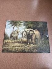 tableau peinture huile Sur Panneau Éléphants Signature Identifié 