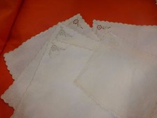 Lot 5pièces, petite serviette de table, lin-métis, broderie, bouton main blanc