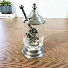 Pot à moutarde en verre et étain – Décor de rose, avec cuillère, 1950