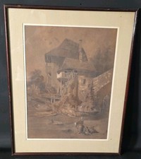 Tableau huile paysage animé lavandière école française XIXème 