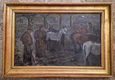 Beau Tableau Ancien HSP pays Basque Ânes marché aux bestiaux lune Signé OROZ1980