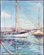 Tableau Ancien Huile Marine Bateaux Post Impressionniste Signé