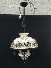 SUSPENSION LUMINAIRE LUSTRE EN CÉRAMIQUE AJOURÉE ET FER FORGÉ DÉCOR FLORAL MAIN