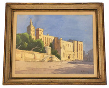SUPERBE ancien TABLEAU PEINTURE GOUACHE XXe PALAIS DES PAPES AVIGNON signé