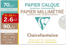 Papier millimétré + papier calque - A4 - 21x29,7 cm - Pochette de 12 feuilles - 