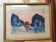 peinture aquarelle sur soie encadrée Indochine Vietnam 1940 1950