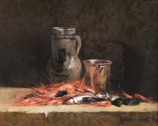Tableau encadré huile nature morte crevettes sardines cidre Léon Gustave RAVANNE