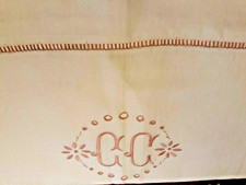 Drap ancien toile de lin blanche, jours et broderie rose, monogramme CC (N°11)