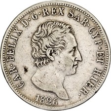 [#1121469] Italian States, SARDINIA, Carlo Felice, 5 Lire, 1826, Torino, Silver,