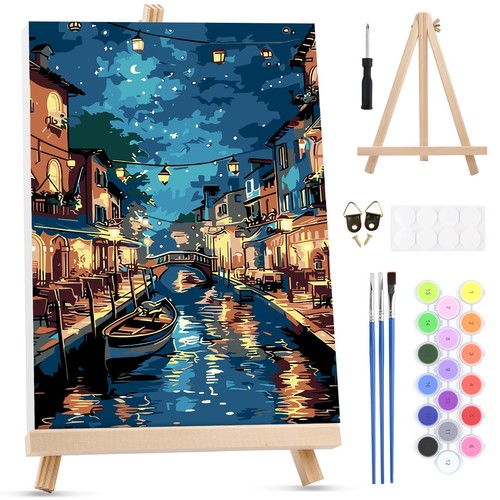 Scène nocturne canal peinture - scène,