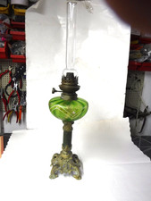 Ancienne Lampe à Pétrole décor fleurs émaillées Onyx Bronze - Verre en cristal