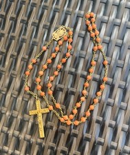 Antique French Rosary Real Coral Beads Orange gold Plated Sterling Silver 15”