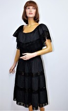 Vintage 70/80s Mexican Pintuck Cotton & Lace Black Dress LA CHAPARRITA size 8/10